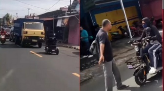 Bukan Main, Emak-Emak Nekat Lawan Arus sampai Hadang Truk Pakai Sepeda Motor Listrik