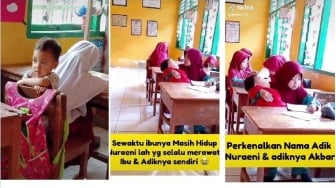 Sosok Nuraeni Bocah SD yang Belajar di Sekolah Sambil Gendong Adik