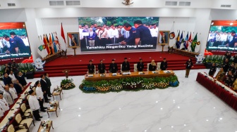 Suasana jalannya Rapat Pleno Terbuka Penetapan Pasangan Capres-Cawapres Terpilih di Gedung KPU, Jakarta, Rabu (24/4/2024). [Suara.com/Alfian Winanto]