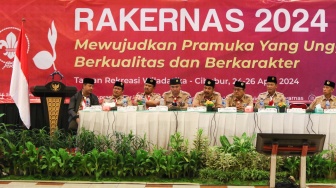 Suasana saat Rakernas Pramuka 2024 di Wiladatika, Cibubur, Jakarta, Kamis (25/4/2024). [Suara.com/Alfian Winanto]