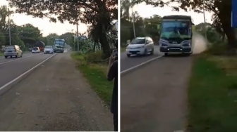 Viral Aksi Bus Sugeng Rahayu 'Nyalip' Ugal-ugalan Hingga Keluar Jalur