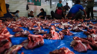 Aktivitas pekerja di Rumah Pemotongan Hewan (RPH) Perumda Dharma Jaya, Jakarta, Senin (17/6/2024). [Suara.com/Alfian Winanto]
