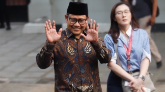 Ketua Umum PKB Muhaimin Iskandar usai mendatangi kediaman Presiden Terpilih Prabowo Subianto, Kertanegara, Jakarta Selatan, Senin (14/10/2024). [Suara.com/Alfian Winanto]