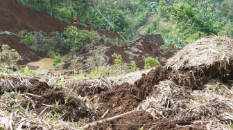 Kondisi tanah pascalongsor di Dusun Jumok, Desa Sambirejo, Kecamatan Wonosalam, Kabupaten Jombang, Jawa Timur, Jumat (24/1/2025). [ANTARA FOTO/Syaiful Arif/nym]