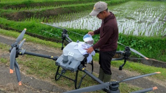 Petani muda memasukkan pupuk organik cair ke dalam tangki drone pertanian atau pesawat tanpa awak di persawahan Desa Jatiluwih, Tabanan, Bali, Sabtu (8/2/2025). [ANTARA FOTO/Nyoman Hendra Wibowo/rwa]