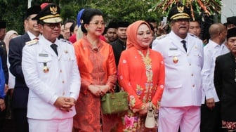 Gubernur dan Wakil Gubernur Jakarta Pramono Anung dan Rano Karno saat tiba di Balai Kota untuk melakukan Serah Terima Jabatan di Jakarta, Kamis (20/2/2025). [Suara.com/Alfian Winanto]