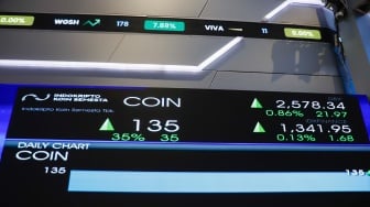 Tampilan layar saham PT Indokripto Koin Semesta Tbk usai Pencatatan Perdana Saham dengan kode COIN di Bursa Efek Indonesia, Jakarta, Rabu (9/7/2025). [Suara.com/Alfian Winanto]