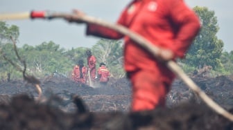 Petugas Manggala Agni Daops Kota Jambi memadamkan api kebakaran hutan dan lahan (karhutla) di lahan gambut Desa Gambut Jaya, Muaro Jambi, Jambi, Rabu (30/7/2025). [ANTARA FOTO/Wahdi Septiawan/foc]