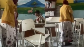 Anak Asyik Duduk Manis Saat Ibunya Nyapu Kelas, Netizen Heran: Ini Mendidik Raja?