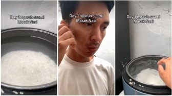 Lucunya Suami Pertama Kali Masak Nasi, Ekspresi Pusingnya Lihat Teknik Jari Istri Bikin Ngakak