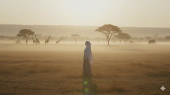 8 Prompt Gemini AI Edit Foto Wanita Berhijab Berpetualang di Padang Savana Afrika