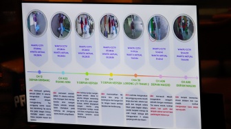 Kronologi detik-detik terjadinya ledakan dari CCTV ditampilkan saat rilis Penanganan Kasus Ledakan di SMA Negeri 72 Jakarta di Polda Metro Jaya, Jakarta, Selasa (11/11/2025). [Suara.com/Alfian Winanto]
