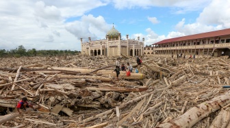 Petugas Kementerian Kehutanan dan Dinas Kehutanan Provinsi Aceh mengambil sampel kayu gelondongan yang terbawa arus luapan Sungai Tamiang, di area pasantren Islam Terpadu Darul Mukhlishin, Desa Tanjung Karang, Aceh Tamiang, Aceh, Jumat (19/12/2025). [ANTARA FOTO/Irwansyah Putra/nym]