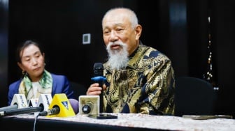 Duta Besar Kehormatan WHO untuk Pemberantasan Kusta & Ketua Nippon Foundation; Yohei Sasakawa saat jumpa pers usai bertemu dengan Presiden Prabowo di Jakarta, Jumat (16/1/2026). [Suara.com/Alfian Winanto]