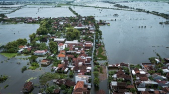 Foto udara permukiman penduduk dan sawah terendam banjir di Desa Jetiskapuan, Kudus, Jawa Tengah, Minggu (18/1/2026). [ANTARA FOTO/Aprillio Akbar/rwa]
