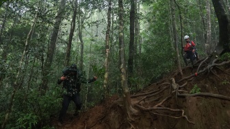 Tim SAR gabungan membawa paket kotak hitam pesawat ATR 42-500 menuruni lereng Gunung Bulusaraung di Desa Tompo Bulu, Kabupaten Pangkajene dan Kepulauan, Sulawesi Selatan, Rabu (21/1/2026). [ANTARA FOTO/Arnas Padda/wsj]
