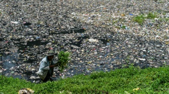 Warga mencari rumput untuk pakan ternak di samping sampah yang menumpuk di Sungai Citarum Lama, di Margaasih, Kabupaten Bandung, Jawa Barat, Kamis (12/2/2026). [ANTARA FOTO/Raisan Al Farisi/bar]
