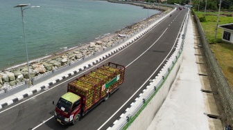 Foto udara sejumlah kendaraan melintas di elevated road yang baru dibuka untuk umum di Palu, Sulawesi Tengah, Jumat (13/2/2026). [ANTARA FOTO/Basri Marzuki/wsj]