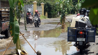 Pengendara melintasi jalan rusak yang sebagian ditanami pohon pisang oleh warga, di Jalan Raya Pandean, Ngunut, Tulungagung, Jawa Timur, Senin (16/2/2026). [ANTARA FOTO/Destyan Sujarwoko/rwa]