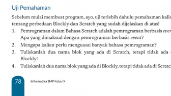 Kunci Jawaban Informatika Kelas IX Halaman 78 Uji Pemahaman: Blockly dan Scratch