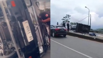 Nekat Nyalip! Pikap L300 Terbang Tembus Trotoar dan Terguling Beda Jalur di Flyover Cisaat