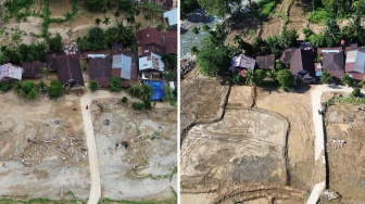 Foto udara kondisi lahan sawah yang rusak pascabencana pada Selasa (30/12/2025) (kiri) dan saat diperbaiki (kanan) di Kuranji, Padang, Sumatera Barat, Senin (27/4/2026). [ANTARA FOTO/Fitra Yogi/YU]