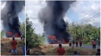 Detik-detik Bus ALS Terbakar Usai Tabrak Truk Tangki di Muratara, 16 Orang Dilaporkan Tewas