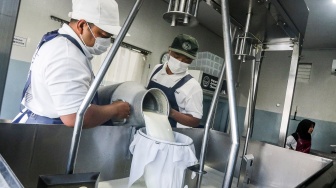 Pekerja menuang susu sebelum diolah menjadi keju artisan di Mazaraat Artisan Cheese Factory, Cangkringan, Sleman, DI Yogyakarta, Selasa (14/7/2026). [ANTARA FOTO/Rahid Putra Laksana/agr]