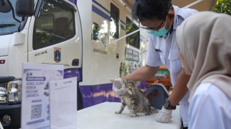 Petugas memeriksa kesehatan hewan peliharaan warga di mobil Klinik Hewan Keliling Jakarta, di Jakarta, Rabu (15/7/2026). [Suara.com/Alfian Winanto]