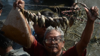 Warga mengangkat hasil tangkapan ikan saat Festival Memet Ikan 2026 di Gemblegan, Kalikotes, Klaten, Jawa Tengah, Minggu (19/7/2026). [ANTARA FOTO/Aloysius Jarot Nugroho/hma]