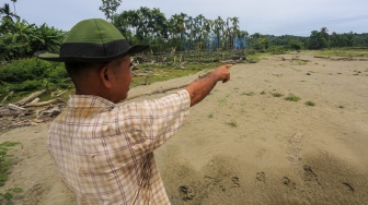 Seorang warga memperlihatkan area persawahan miliknya yang tertimbun material kayu dan lumpur bencana hidrometeorologi di Desa Lawet, Kecamatan Pante Ceureumen, Aceh Barat, Aceh, Rabu (29/7/2026). [ANTARA FOTO/Syifa Yulinnas/wsj]