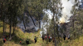 Sejumlah petugas berupaya memadamkan kebakaran hutan di kawasan Taman Nasional Bromo Tengger Semeru (TNBTS), Kabupaten Probolinggo, Jawa Timur, Kamis (6/8/2026). [ANTARA FOTO/Umarul Faruq/kye]