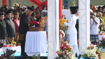 Anggota Paskibraka berbaris saat upacara peringatan HUT Kemerdekaan ke-81 RI di Lapangan Plaza Seremoni, Ibu Kota Nusantara, Kalimantan Timur, Senin (17/8/2026). [ANTARA FOTO/Angga Palguna/wsj]