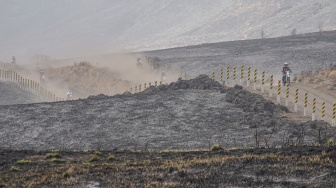 Sejumlah wisatawan melintasi kawasan terdampak kebakaran di Taman Nasional Bromo Tengger Semeru (TNBTS), Kabupaten Probolinggo, Jawa Timur, Kamis (20/8/2026). [ANTARA FOTO/Irfan Sumanjaya/nz]