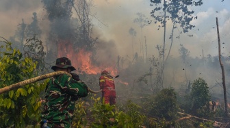 Petugas Manggala Agni Daops Muara Bulian bersama prajurit TNI memadamkan api yang membakar lahan di Tenam, Batang Hari, Jambi, Jumat (21/8/2026). [ANTARA FOTO/Wahdi Septiawan/YU]