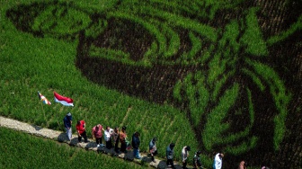 Foto udara warga melihat karya seni pari corek bergambar Sang Buddha karya seniman Sidik Gunawan di area persawahan Dusun Sidorejo, Bergas Lor, Kabupaten Semarang, Jawa Tengah, Selasa (25/8/2026). [ANTARA FOTO/Aprillio Akbar/kye]