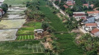 Foto udara tanaman eceng gondok yang memenuhi aliran Kali Pisang Batu di Pahlawan Setia, Tarumajaya, Kabupaten Bekasi, Jawa Barat, Rabu (7/10/2026). [ANTARA FOTO/Darryl Ramadhan/tom]

