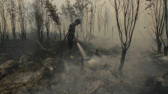 Petugas berupaya memadamkan kebakaran lahan yang mendekati kawasan permukiman warga di Kecamatan Jekan Raya, Palangka Raya, Kalimantan Tengah, Jumat (9/10/2026). [ANTARA FOTO/Auliya Rahman/wsj]