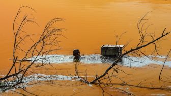 Nelayan mencari ikan di Danau Mawang yang dipenuhi alga di Kabupaten Gowa, Sulawesi Selatan, Rabu (21/10/2026). [ANTARA FOTO/Arnas Padda/agr]

