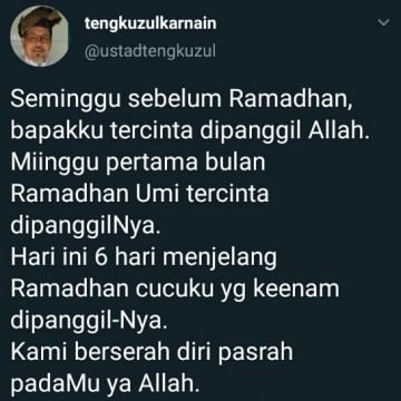 Tengku Zul berduka ditinggal cucu. [Twittter @ustadtengkuzul]