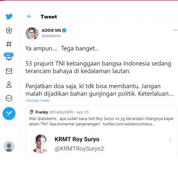 Tangkapan layar cuitan Addie MS komentari cuitan yang diduga milik Roy Suryo (Twitter/Addiems)