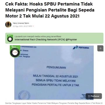 Benarkah SPBU Tidak Melayani Pengisian Pertalite untuk 2 Tak? (Turnbackhoax.id)