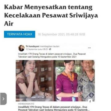 Cek Fakta: Pesawat Sriwijaya Tabrakan, 179 Orang Tewas, Benarkah? (Turnbackhoax.id)