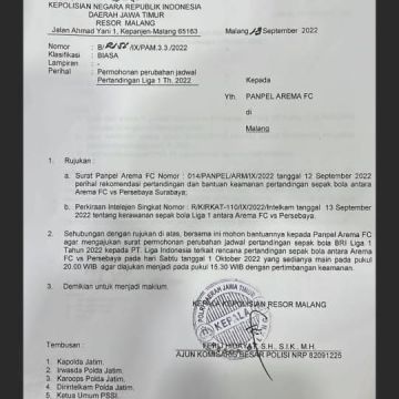 Polres Malang diketahui sudah mengajukan permohonan perubahan jadwal pertandingan antara Arema FC versus Persebaya Surabaya dalam lanjutan BRI Liga 1 2022/2023 di Stadion Kanjuruhan, Sabtu (1/10/2022) malam. [ist]