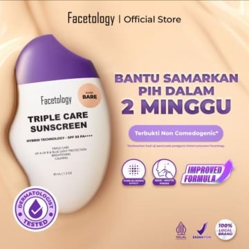 Facetology Triple Care Sunscreen Tinted SPF 50 PA++++, rekomendasi tinted sunscreen yang patut kamu coba (Shopee/Facetology Official Shop)