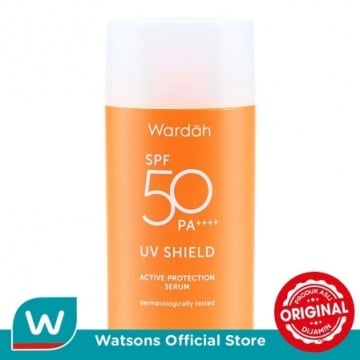 Wardah UV Shield Active Protection Serum SPF 50 PA++++, rekomendasi sunscreen yang mengandung kolagen (Shopee/Watsons Official Store)