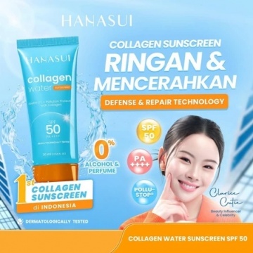 Hanasui Collagen Water Sunscreen SPF 50, rekomendasi sunscreen yang mengandung kolagen (Shopee/Hanasui Official Shop)