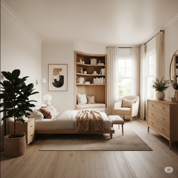 Inspirasi kamar tidur dengan warna netral dominan aksen kayu (AI)