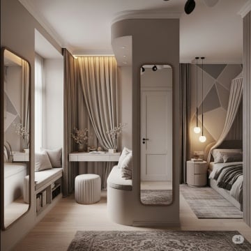 Inspirasi kamar tidur dengan warna netral grige (AI)