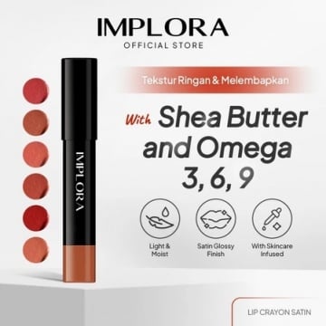 Implora Lip Crayon Satin, rekomendasi lipstik berbentuk pensil yang tahan lama (Shopee)